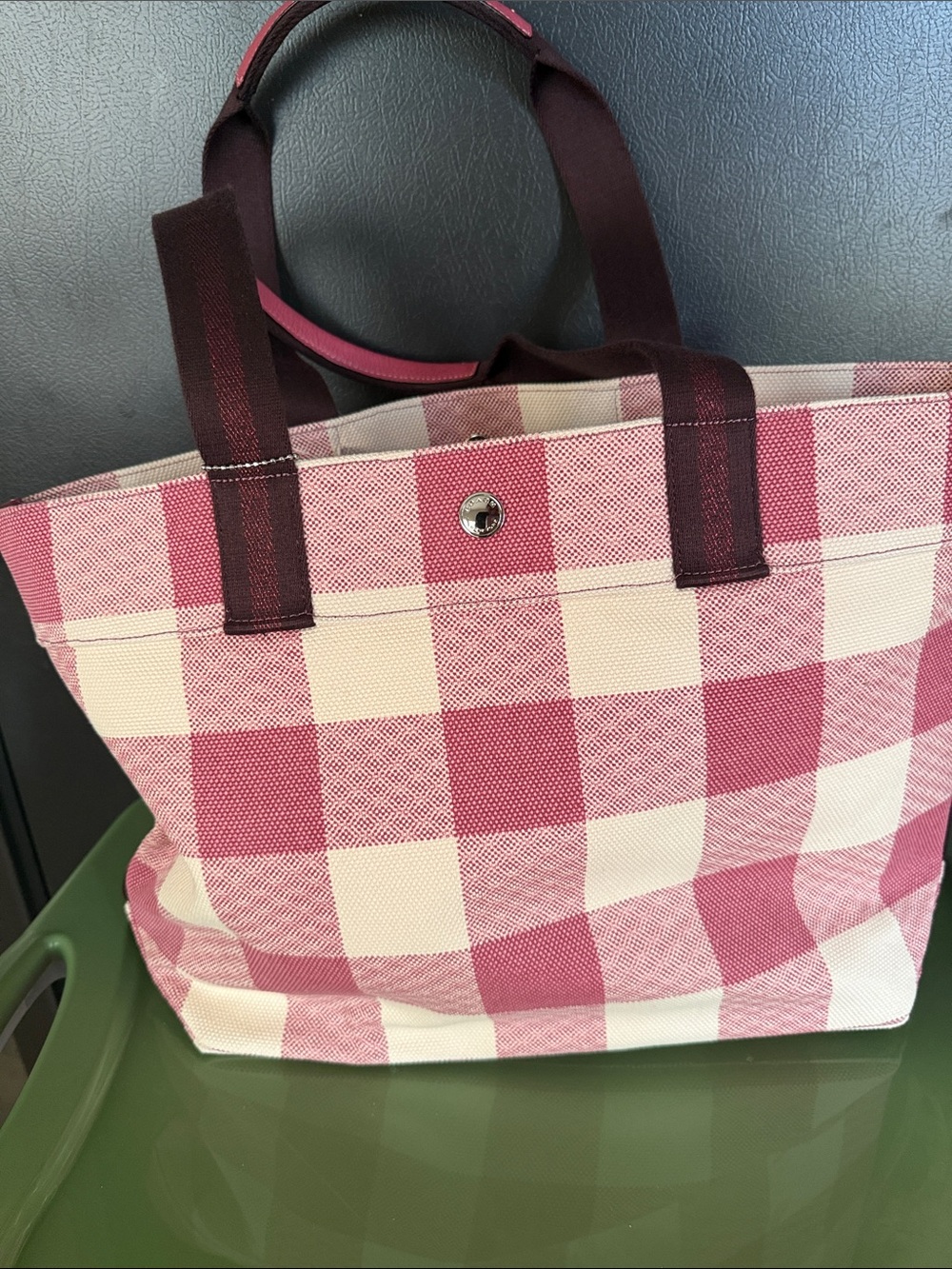Coach Pink and Cream Gingham Canvas Tote with Dark Pink Handles